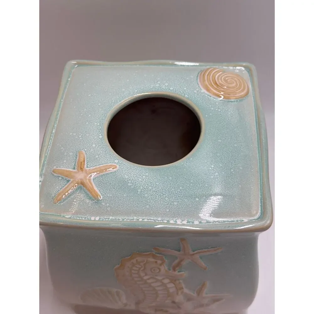 Coastal Ceramic Tissue Box Cover Seahorse Starfish Aqua Beach Bathroom Decor